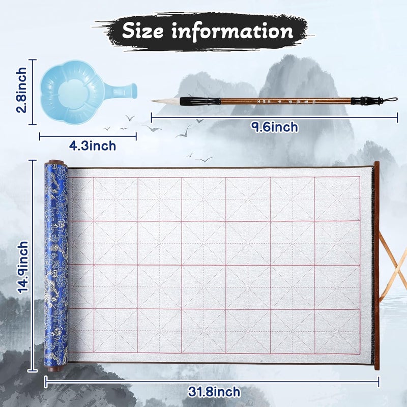 Jaloro 6 Pcs Chinese Calligraphy Cloth Set Magic Writing with Water Canvas No Ink Scroll Canvas Reusable Calligraphy Practice Kit with Brush Pen Plastic Dish Gift for Beginners Home School - Image 2